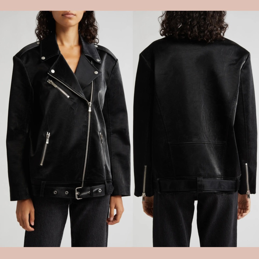 NWT $595 Cinq à Sept [ Medium ] Brice Faux‎ Moto Leather Jacket Black #Q1259